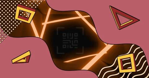 Image of glowing qr code over neon geometric shapes Stockillustratie