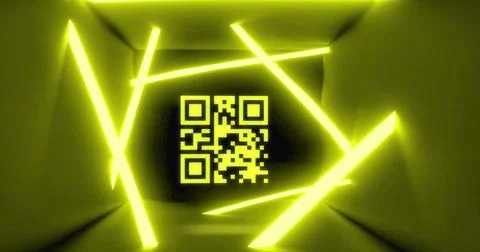 Image of glowing qr code over neon lines Stock Photos