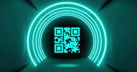 Image of glowing qr code over neon circles Stock-Fotos
