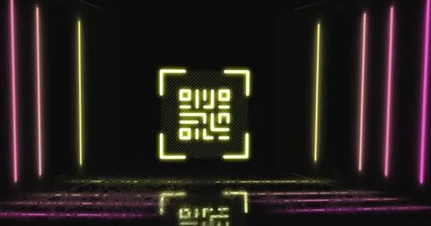 Image of glowing qr code over neon lines Stock Photos