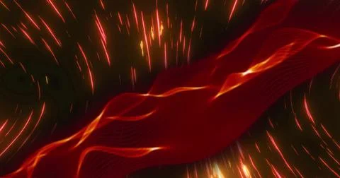 Image of glowing red light trails over undulating red smoke on black background Stock Illustration