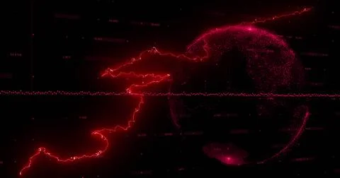 Image of glowing red lightning flashes over red globe and data processing on Stock Photos