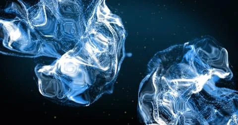 Image of glowing spots floating over digital wave against blue background Stock Photos