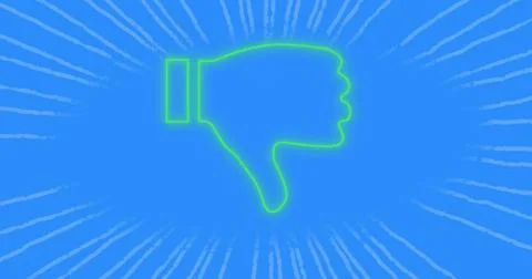 Image of glowing thumbs down vector with white rays against blue background 스톡 일러스트
