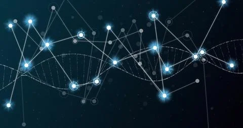 Image of glowing white network of connections over dna strand on black Stock Illustration