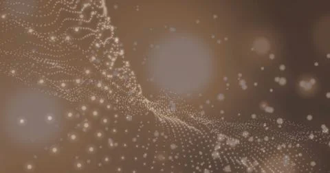 Image of glowing white particle network wave and bokeh light spots on dark Stock Photos
