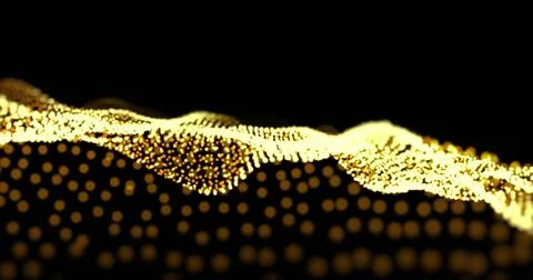 Image of glowing yellow particle network waves on black background Stock Illustration