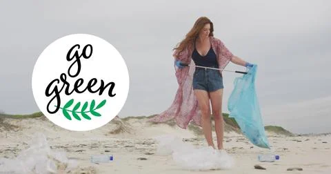 Image of go green text and logo over smiling caucasian woman picking up rubbish Ilustração Stock