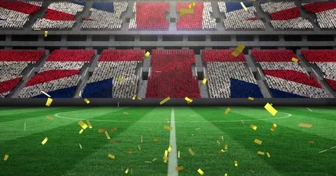 Image of gold confetti falling over flag of united kingdom in sports stadium Stock Illustration