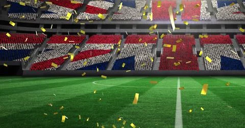 Image of gold confetti falling over flag of united kingdom in sports stadium Stock Illustration