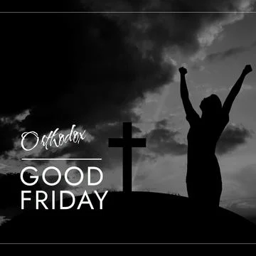 Image of good friday text over silhouette of woman raising hands and cross Ilustração Stock
