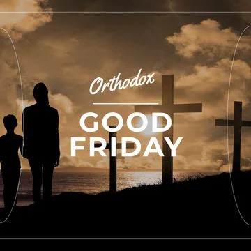 Image of good friday text over silhouette of couple holding hands and crosses Ilustração Stock
