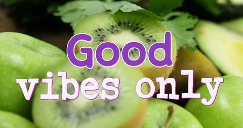 Image of good vibes only text over close up of fresh fruit and vegetables Ilustração Stock