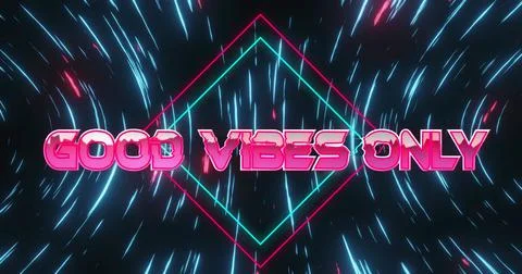 Image of good vibes only text over moving blue and pink light trails Ilustração Stock