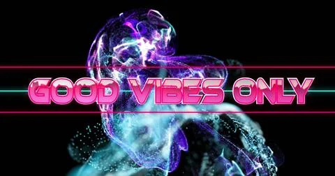 Image of good vibes only text banner over glowing purple digital waves against Stockfoto's
