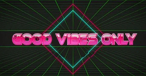 Image of good vibes only text with rhombus over green grid pattern against black Stock Photos