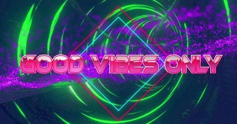 Image of good vibes only text over rhombuses against connected dots and circular Stock Photos