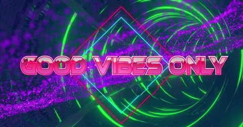 Image of good vibes only text over rhombuses against connected dots and circular Stock Photos