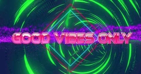 Image of good vibes only text over rhombuses against connected dots and circular Stock Photos