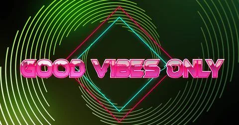 Image of good vibes only text over neon pattern background Stock Photos