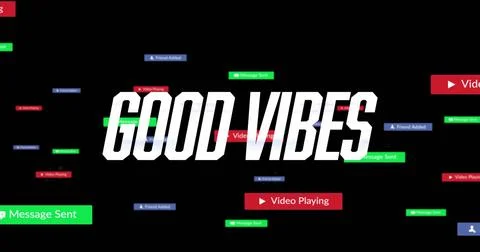 Image of good vibes text and social media data processing on black background Stock Photos