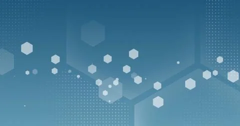 Image of good vibes text in rectangle over hexagons and dots against blue Stock Photos