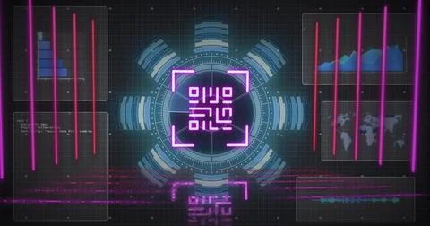 Image of gr code and data processing on digital screen 스톡 사진