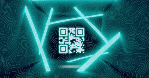 Image of gr code and neon lines over black background with isohypses Illustrazione stock