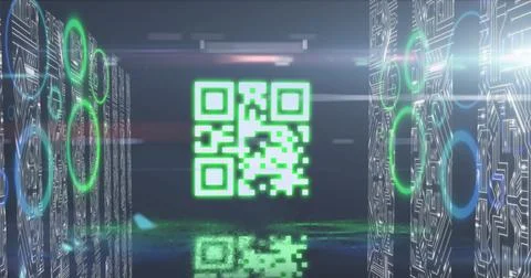 Image of gr code, neon circles, light and data processing 스톡 일러스트