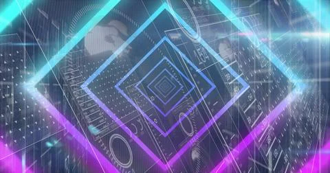 Image of gradient tunnel in seamless pattern over screens with data processin Foto stock