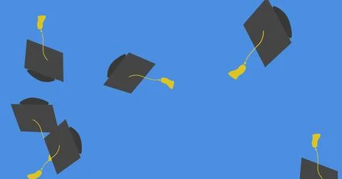 Image of graduation caps over blue background Illustrazione stock