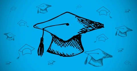 Image of graduation caps over blue background 스톡 일러스트