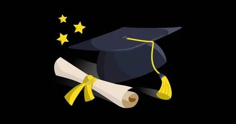 Image of graduation certificate and hat icons over black background Stock Illustration