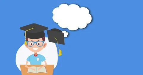 Image of graduation hats falling over schoolboy on blue background Stock Illustration