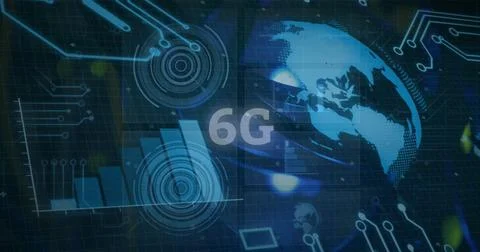 Image of graph, 6g icon, globe with hud processing on digital interface 写真素材