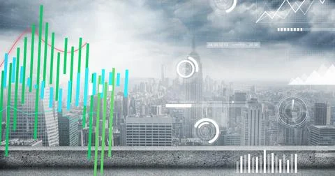 Image of graph and charts processing data over cloudy cityscape Stock Photos