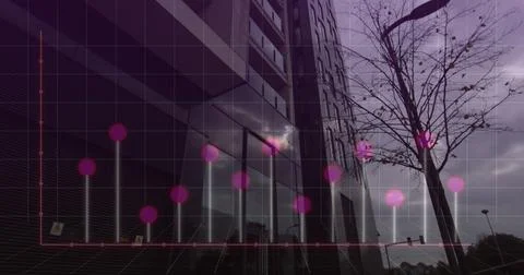 Image of graph and computer language over low angle view of building against 写真素材