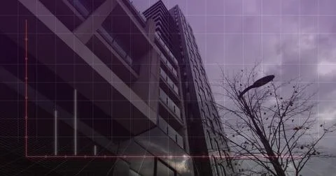 Image of graph and computer language over low angle view of building against Stock-Fotos