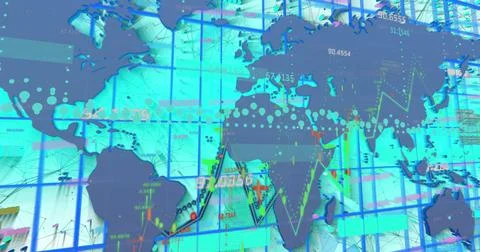 Image of graph and data processing over world map on blue background Illustrazione stock