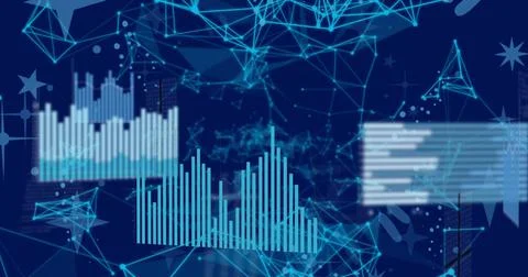 Image of graph and data processing over networks of connections on dark blue Stock Illustration