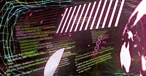 Image of graph and data processing on black background Illustrazione stock