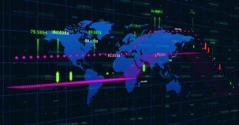 Image of graph and data processing over blue world map on black background 스톡 일러스트