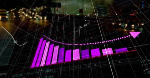 Image of graph and data processing over cityscape Foto stock