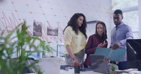 Image of graph and data processing over diverse male and female colleagues in Stock Photos