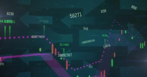 Image of graph and data processing over grey arrows on dark background 写真素材