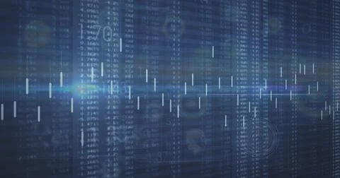 Image of graph and data processing with blue light on grey background Stock Photos