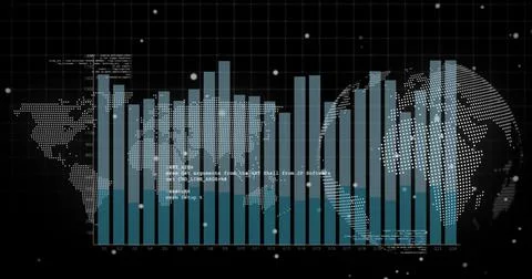 Image of graph and data processing over world map on black background 写真素材