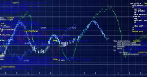 Image of graph and data processing over grid on blue background Foto stock