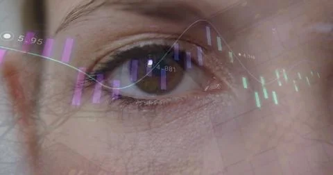 Image of graph and data processing blinking brown eye of caucasian woman 写真素材