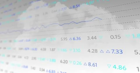 Image of graph and data processing over cloudy grey sky Stock Photos